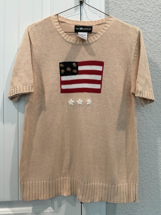 Sag Harbor Sweaters - SAG HARBOR Beige Short-Sleeve Knit Top with Flag Detail